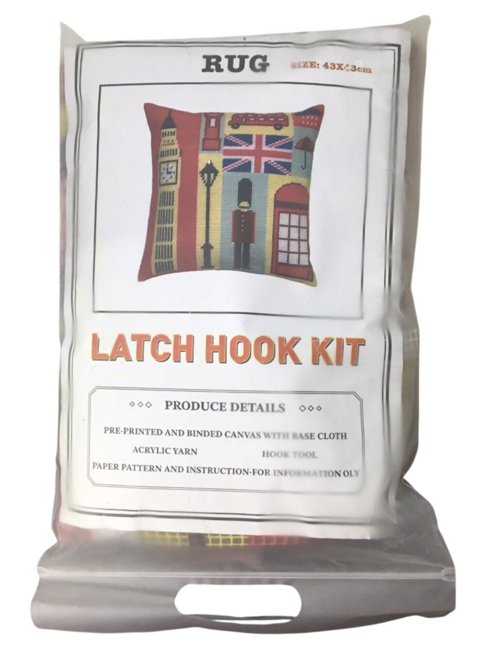 London Latch Hook Kit NIP Self Finishing Pillow Printed Canvas Yarn Hook 17" Sq